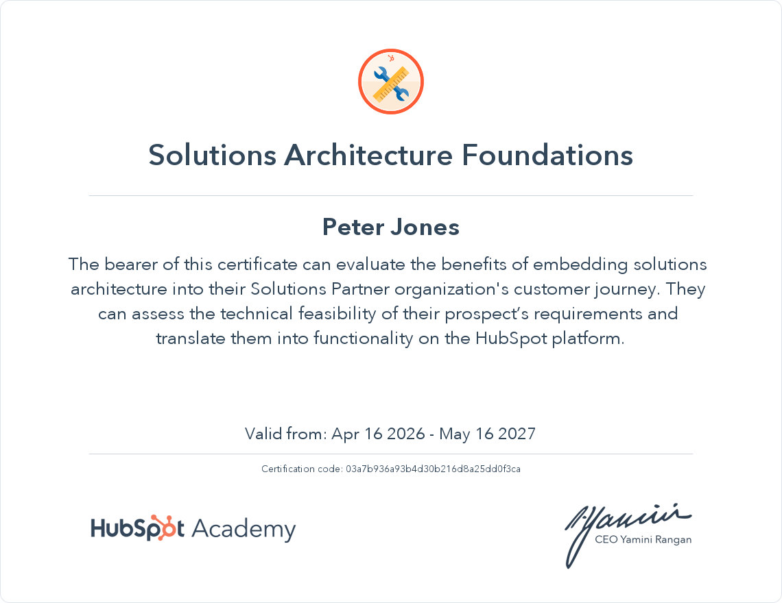 HubSpot Solutions Architecture Foundations Certificate